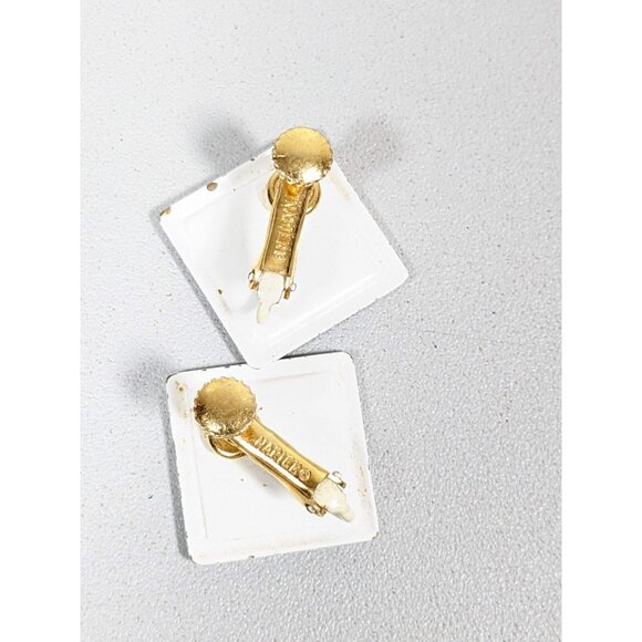 Vintage Napier Black White Square Metallic Clip On Earrings Mid Century Modern - Picture 5 of 7